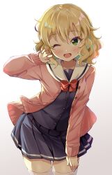 Rule 34 | 1girl, blonde hair, blue shirt, blue skirt, blush, bow, bowtie, buttons, cardigan, commentary, flat chest, green eyes, hair between eyes, hand on own thigh, hand up, highres, idolmaster, idolmaster cinderella girls, long sleeves, looking at viewer, medium hair, michii yuuki, nail polish, one eye closed, open cardigan, open clothes, open mouth, pink cardigan, pink nails, pleated skirt, red bow, red bowtie, sailor collar, sakurai momoka, shirt, sidelocks, skirt, smile, solo, thighhighs, thighs, wavy hair, white background, white sailor collar, white thighhighs, zettai ryouiki