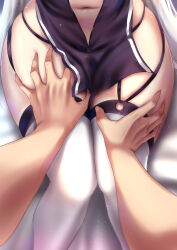 1girl 1other akeyama_kitsune azur_lane bare_hips center_opening commentary_request deep_skin finger_under_clothes hands_on_another&#039;s_thighs light_particles long_hair lower_body navel official_alternate_costume panty_straps pelvic_curtain pov pov_hands race_queen revealing_clothes shoukaku_(azur_lane) shoukaku_(sororal_wings)_(azur_lane) sitting skindentation sweat thick_thighs thigh_focus thighhighs thighs very_long_hair white_hair white_thighhighs