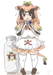1girl animal_ears bell black_gloves blush bottle bow bowtie brown_eyes brown_hair brown_shirt brown_shoes cow_ears cow_girl cow_tail dress elbow_gloves flying_sweatdrops frilled_dress frills full_body gloves hair_between_eyes hair_bow highres jersey_cattle_(kemono_friends) kemono_friends kemono_friends_3 loafers looking_at_viewer milk_bottle multicolored_hair neck_bell open_mouth puffy_short_sleeves puffy_sleeves red_bow red_bowtie sasakura_(jgay7435) shirt shirt_bow shoes short_sleeves sidelocks solo tail tail_bow tail_ornament thighhighs two-tone_gloves white_dress white_gloves white_hair white_thighhighs zettai_ryouiki