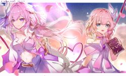 2girls absurdres bare_shoulders blue_eyes book cyrene_(honkai:_star_rail) diamond-shaped_pupils diamond_(shape) dress elf elysia_(herrscher_of_human:_ego)_(honkai_impact) elysia_(honkai_impact) gloves hair_ornament heart highres holding holding_book honkai:_star_rail honkai_(series) honkai_impact_3rd long_hair multiple_girls petals pink_eyes pink_hair pointy_ears smile symbol-shaped_pupils white_dress white_gloves zhui_ming_jin_ge