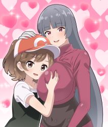 1girl absurdres age_difference arm_at_side baseball_cap between_breasts black_bodysuit black_shirt blunt_bangs bodystocking bodysuit bodysuit_under_clothes breast_smother breasts brown_eyes brown_hair elaine_(pokemon) face_between_breasts face_to_breasts gloves grabbing_another&#039;s_breast groping hand_on_another&#039;s_head hand_up hat head_between_breasts highres hime_cut hitokiwa_kenchin jacket large_breasts long_hair long_sleeves nintendo pencil_skirt poke_ball_theme pokemon pokemon_frlg pokemon_lgpe ponytail red_eyes red_jacket red_skirt sabrina_(pokemon) shirt short_sleeves skirt smile turtleneck turtleneck_jacket upper_body white_gloves white_sleeves yuri