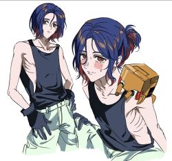 Rule 34 | 1boy, bashenshao0408, blue hair, blush, colored inner hair, gloves, gundam, gundam gquuuuuux, highres, looking at viewer, male focus, multicolored hair, multiple views, non-humanoid robot, pants, ponytail, red eyes, red hair, robot, short hair, shuji ito, simple background, sleeveless, smile, solo, sweatdrop, tank top, two-tone hair, white background