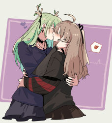 2girls black_choker black_nails black_shirt blush brown_hair cardiogram ceres_fauna choker closed_eyes commentary earrings fongban_illust french_kiss green_background green_hair heart highres hololive hololive_english horns jewelry kiss layered_sleeves long_hair long_sleeves multiple_girls nanashi_mumei necklace purple_background shirt short_over_long_sleeves short_sleeves spoken_heart symbol-only_commentary virtual_youtuber yuri