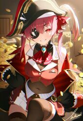1girl absurdres arrow_through_heart ascot belt bicorne black_coat black_hat black_thighhighs blue_gemstone breasts brown_belt brown_leotard choker coat coin covered_navel cropped_jacket eyepatch frilled_choker frills gem glint gold_coin grin hair_between_eyes hair_ribbon hat highres hololive houshou_marine houshou_marine_(1st_costume) jacket large_breasts leotard leotard_under_clothes long_hair long_sleeves looking_at_viewer miniskirt off_shoulder one_eye_covered open_clothes open_coat pleated_skirt plume red_ascot red_eyes red_hair red_jacket red_ribbon red_skirt ribbon see-through_cleavage see-through_clothes signature skirt sleeveless sleeveless_jacket sleeves_past_fingers sleeves_past_wrists smile solo takimii thighhighs twintails virtual_youtuber