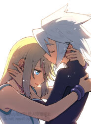 Rule 34 | 2boys, azuma yukihiko, blonde hair, blue eyes, bob cut, bracelet, closed eyes, genius sage, highres, hug, jewelry, light blush, medium hair, mithos yggdrasill, multiple boys, shirt, sidelocks, sleeveless, sleeveless shirt, tales of (series), tales of symphonia, turtleneck, white background, white hair