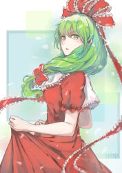 1girl absurdres bow character_name clothes_lift dress dress_lift front_ponytail green_eyes green_hair hair_bow hair_ribbon highres kagiyama_hina looking_at_viewer red_bow red_dress red_ribbon ribbon solo touhou turn_zhuan