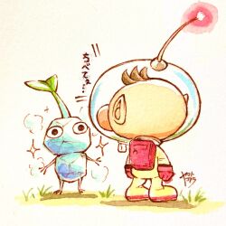1boy alien backpack bag big_nose black_eyes blue_skirt brown_hair cold commentary_request from_behind gloves grass helmet highres ice ice_pikmin leaf looking_at_another nintendo no_mouth olimar pikmin_(creature) pikmin_(series) pikmin_4 pointy_ears radio_antenna red_bag red_gloves red_light shadow short_hair signature skirt space_helmet spacesuit sparkle traditional_media translation_request very_short_hair watercolor_pencil_(medium) whistle yamato_koara