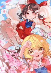 2girls aged_down alternate_costume ascot blonde_hair blue_ascot blue_sash blue_sky blush bow brown_hair cherry_blossoms child cloud commentary_request day detached_sleeves falling_petals flower frilled_bow frilled_hair_tubes frills gohei hair_bow hair_tubes hakurei_reimu highres japanese_clothes kimono kirisame_marisa long_hair mary_janes multiple_girls no_headwear obi open_mouth petals pink_flower pink_kimono pink_petals red_bow red_eyes red_skirt sash shoes skirt skirt_set sky socks sweatdrop touhou twitter_username white_socks yellow_eyes yomogi_9392