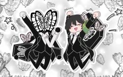 Rule 34 | 1boy, 1other, animal head, animal print, armband, arms up, bags under eyes, black butterfly, black coat, black hair, black necktie, black vest, bug, butterfly, cheering, chibi, chibi only, coat, coffin, collared shirt, d ecember12th, e.g.o (project moon), full body, funeral of the dead butterflies, gloves, green armband, grin, hair between eyes, highres, insect, jumping, limbus company, lobotomy corporation, monarch butterfly, necktie, open mouth, outline, project moon, shirt, short hair, single extra arm, smile, solemn lament (e.g.o), teeth, upper teeth only, vest, white butterfly, white gloves, white outline, white shirt, yi sang (project moon)