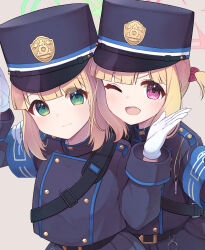 2girls armband backpack bag belt belt_buckle black_belt blonde_hair blue_archive blue_armband blue_hat blue_jacket blue_shorts blue_skirt blunt_bangs blush bow brown_background buckle buttoned_cuffs buttons charm_(object) closed_mouth commentary cosplay double-breasted eyes_visible_through_hair front-to-back gloves green_eyes green_halo hair_bow halo hand_on_another&#039;s_shoulder hands_up hat highres hikari_(blue_archive) hikari_(blue_archive)_(cosplay) jacket kataage_(kataage_okashi_koujou) long_sleeves looking_at_viewer midori_(blue_archive) momoi_(blue_archive) multiple_girls nozomi_(blue_archive) nozomi_(blue_archive)_(cosplay) one_eye_closed open_mouth parted_bangs peaked_cap pink_eyes pink_halo red_bow short_hair short_twintails shorts siblings sidelocks simple_background sisters skirt smile tareme teeth twins twintails upper_body upper_teeth_only whistle white_gloves