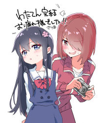 2girls :d age_difference artist_name black_hair blue_dress blue_eyes bow bowtie brown_hair camera commentary_request d: dress flower hair_flower hair_ornament highres holding holding_camera hoshino_miyako_(wataten) jacket long_hair miman multiple_girls open_mouth pants red_bow red_bowtie red_eyes red_jacket red_pants sailor_collar school_uniform shirosaki_hana shirt short_hair signature small_sweatdrop smile track_suit translation_request watashi_ni_tenshi_ga_maiorita! wavy_mouth white_sailor_collar white_shirt