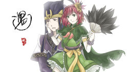 Rule 34 | blush, brown eyes, chinese clothes, fan, feather hair ornament, green eyes, hair ornament, hand on another&#039;s cheek, hand on another&#039;s face, highres, hosokawa gracia, japanese clothes, kimono, musou orochi, obi, red hair, sash, sengoku musou, sima yi, smile