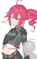 ... 1girl 1other age_difference ahoge belt black_shirt black_skirt brown_belt child double-parted_bangs drill_hair flat_chest grey_shirt hair_between_eyes highres holding_another&#039;s_arm kasane_teto kasane_teto_(voicepeak) midriff navel open_mouth red_hair shirt simple_background skirt solo sound_wave spoken_ellipsis sweatdrop thinker25075754 twin_drills utau voicepeak white_background