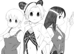 2girls breasts ermes_costello foo_fighters_(jojo) glasses greyscale highres holding holding_removed_eyewear jojo_no_kimyou_na_bouken kuujou_jolyne looking_at_viewer looking_to_the_side medium_breasts monochrome multicolored_hair multiple_girls navel nichijou overalls parody rasuku_(rusk_trinity) simple_background smile style_parody tareme unworn_eyewear white_background