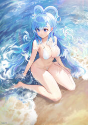 Rule 34 | 1girl, absurdres, alternate breast size, alternate costume, artist name, bare arms, bare legs, bare shoulders, barefoot, beach, bikini, blue eyes, blue hair, breasts, bright pupils, closed mouth, colored tips, commentary, day, do novii, feet, highres, hololive, hololive indonesia, kobo kanaeru, large breasts, lens flare, long hair, looking to the side, micro bikini, multicolored hair, navel, o-ring, o-ring bikini, o-ring top, ocean, outdoors, shiny skin, shore, sitting, smile, solo, string bikini, swimsuit, two-tone hair, very long hair, virtual youtuber, wariza, water, white bikini, white hair, white pupils