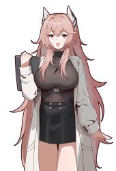 1girl absurdres black_skirt black_sweater breasts clipboard coat cowboy_shot girls&#039;_frontline girls&#039;_frontline_neural_cloud highres holding holding_clipboard large_breasts long_hair long_sleeves looking_at_viewer loveu open_clothes open_coat open_mouth persicaria_(neural_cloud) pink_eyes pink_hair simple_background skirt solo sweater sweater_tucked_in turtleneck turtleneck_sweater very_long_hair white_background white_coat