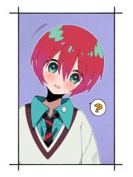 1girl ? amate_yuzuriha aqua_eyes aqua_shirt blush confused gundam gundam_gquuuuuux highres long_sleeves looking_at_viewer necktie open_mouth red_hair sabi1234 school_uniform shirt short_hair solo sweater upper_body