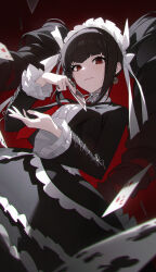 Rule 34 | 1girl, absurdres, black hair, black jacket, black nails, black skirt, breasts, card, celestia ludenberg, claw ring, closed mouth, commentary request, cowboy shot, danganronpa: trigger happy havoc, danganronpa (series), drill hair, earrings, fingernails, gothic lolita, gradient background, hands up, highres, holding, holding card, jacket, jewelry, layered skirt, lolita fashion, long fingernails, long hair, long sleeves, looking at viewer, medium breasts, nail polish, necktie, playing card, red eyes, red necktie, shali, simple background, skirt, solo, twin drills, twintails, two of diamonds, very long hair