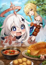 Rule 34 | 2girls, :d, bare shoulders, blonde hair, blue eyes, blue sky, bowl, breasts, diamond hair ornament, dress, drooling, feather hair ornament, feathers, food, genshin impact, hair between eyes, hair ornament, halo, hand on own cheek, hand on own face, highres, hitsujino mery, holding, holding skewer, long sleeves, lumine (genshin impact), meat, mouth drool, multiple girls, open mouth, outdoors, paimon (genshin impact), plate, short hair with long locks, skewer, sky, smile, soup, sparkle, table, tree, white dress, white hair, yellow eyes