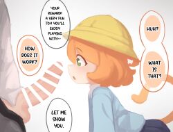 1boy 1girl :o age_difference bar_censor blue_shirt cat_tail censored english_text erection from_side green_eyes hair_between_eyes hat kanbaki leaning_forward loli looking_ahead looking_at_penis open_mouth orange_hair orange_tail original penis penis_awe penis_out school_hat shirt short_hair solo speech_bubble tail tail_raised upper_body white_background yellow_hat