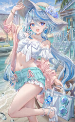 1girl absurdres alternate_costume bag bare_shoulders blue_eyes blue_flower blue_hair drop-shaped_pupils flower furina_(genshin_impact) gem genshin_impact hair_between_eyes hat hat_flower highres holding holding_bag jacket long_hair long_sleeves looking_at_viewer navel off_shoulder open_clothes open_jacket open_mouth outdoors sandals skirt smile solo standing standing_on_one_leg sun_hat sunglasses symbol-shaped_pupils teeth torino_aqua unworn_eyewear upper_teeth_only white_bag white_sandals