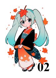 1girl aqua_eyes aqua_hair blush chibi commentary feathers full_body haori hashtag-only_commentary hatsune_miku highres japanese_clothes kimono looking_at_viewer obi requiem_(requiem_art) sash simple_background solo symbol-only_commentary twintails vocaloid white_background wide_sleeves