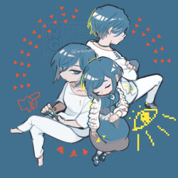 1boy 2girls back-to-back blue_background blue_theme closed_eyes closed_mouth commentary_request crossed_legs frilled_shirt frilled_sleeves frills fukurai_azami full_body hair_between_eyes highres holding holding_removed_eyewear honzumaru invisible_chair kisaragi_ayumi limited_palette long_sleeves looking_at_another meguriya_ayumu multiple_girls pants shirt shoes short_hair simple_background sitting skirt smile spoilers toshi_densetsu_kaitai_center triangle unworn_eyewear