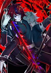 2boys aotsuki_eito black_background blue_eyes blue_hair glasses highres holding holding_scythe holding_sword holding_weapon looking_at_another male_focus matching_outfits multicolored_eyes multicolored_hair multiple_boys red_background red_eyes red_hair scythe simple_background sumino_takumi sword the_hundred_line_-last_defense_academy- weapon white_hair