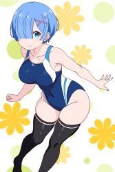 1girl black_thighhighs blue_eyes blue_hair blue_one-piece_swimsuit breasts collarbone competition_swimsuit covered_navel groin hair_ornament hair_over_one_eye highres large_breasts looking_at_viewer one-piece_swimsuit re:zero_kara_hajimeru_isekai_seikatsu rem_(re:zero) remnia short_hair swimsuit thick_thighs thighhighs thighs wide_hips x_hair_ornament