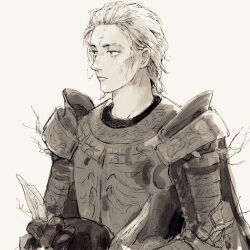 1girl armor blonde_hair cape cleanrot_knight cleanrot_knight_finlay closed_mouth elden_ring gauntlets gold_armor hair_slicked_back helmet holding_unworn_helmet looking_to_the_side mi_(scissortropical) scar scar_on_face short_hair shoulder_armor solo unworn_headwear unworn_helmet upper_body white_background winged_helmet yellow_eyes