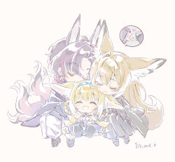 Rule 34 | 1boy, 2girls, ^ ^, absurdres, animal ears, arknights, blonde hair, blue hairband, braid, braided hair rings, chinese commentary, closed eyes, closed mouth, commentary request, deformed, extra ears, family, fox ears, fox girl, fox tail, hair rings, hairband, heart, highres, holding hands, kitsune, kyuubi, multiple girls, multiple tails, parted lips, purple hair, short hair, suzuran&#039;s father (arknights), suzuran (arknights), tail, twin braids, vulpisfoglia (arknights), yizhixiaopomao