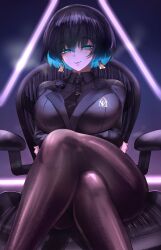 1girl absurdres allmind_(armored_core_vi) aqua_eyes armored_core armored_core_vi:_fires_of_rubicon arms_under_breasts black_jacket black_necktie black_pantyhose black_shirt black_suit breasts business_suit chair character_logo collared_shirt colored_inner_hair crossed_legs earpiece earrings evil_smile feet_out_of_frame formal_clothes half-closed_eyes highres jacket jewelry large_breasts long_sleeves looking_at_viewer mole mole_under_each_eye mole_under_eye multicolored_hair multiple_moles necktie office_lady on_chair pantyhose personification shirt short_hair signature sitting smile solo suit swivel_chair tastykuri tie_clip triangle_earrings