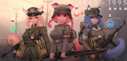 3girls animal_ear_fluff animal_ears armband assault_rifle backpack bag belt blonde_hair blue_eyes blue_hair braid breasts brown_belt brown_jacket brown_pants cold_war combat_helmet dog_ears dog_tail ears_through_headwear estonia estonian_flag explosive fang_zhenjun green_eyes green_hat grenade gun hat helmet highres holding holding_gun holding_weapon hood hooded_jacket jacket large_breasts latvia latvian_flag lithuania lithuanian_flag long_sleeves machine_gun magazine_(weapon) medium_breasts mg42 military_combat_uniform military_uniform mp40 multiple_girls original pants red_eyes red_hair rifle side_braid side_braids soldier stahlhelm standing stg44 stielhandgranate submachine_gun tail weapon