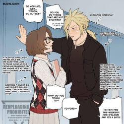 1boy 1girl aerith_gainsborough alternate_costume argyle_clothes argyle_sweater_vest bandaid bandaid_on_face black_jacket black_shirt blonde_hair blue_eyes blush book brown_hair cloud_strife collared_shirt english_text final_fantasy final_fantasy_vii glasses green_eyes hair_tie hand_in_pocket hetero highres holding holding_book jacket jewelry kabedon lida_(lidalida04) light_smile locker low_ponytail necklace open_mouth pleated_skirt ponytail school_uniform shirt short_hair skirt spiked_hair sweater sweater_vest twitter_username upper_body white_shirt white_sweater