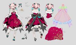 1girl absurdres alternate_costume bare_shoulders black_bow blue_hair bow concept_art dress drill_hair elbow_gloves frilled_dress frills gloves gradient_hair grape_(grapedraws) halter_dress halterneck high_heels highres honkai:_star_rail honkai_(series) hyacine_(honkai:_star_rail) jewelry large_bow leg_up multicolored_hair multiple_views pantyhose patterned_clothing pink_hair red_dress standing twin_drills twintails white_gloves