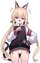 Rule 34 | 1girl, absurdres, animal ears, armband, artist request, bandaid on thigh, black jacket, blonde hair, blue eyes, cat ears, cat tail, commission, cowboy shot, fake animal ears, hand on own hip, hand up, highres, jacket, long hair, long sleeves, looking at viewer, multicolored jacket, open mouth, original, pointy ears, red armband, second-party source, simple background, smile, solo, tail, thighhighs, twintails, two-tone jacket, very long hair, white background, white jacket, white thighhighs