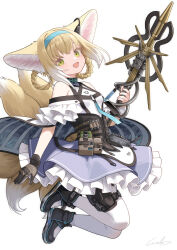 Rule 34 | 1girl, absurdres, animal ears, arknights, bare shoulders, black shoes, blonde hair, blue dress, blue hairband, braid, braided hair rings, brown gloves, colored tips, dress, earpiece, fox ears, fox girl, fox tail, frilled dress, frills, gloves, green eyes, hair rings, hairband, highres, holding, holding staff, infection monitor (arknights), kitsune, kyuubi, looking at viewer, multicolored hair, multiple tails, open mouth, pantyhose, shoes, short hair, simple background, single glove, solo, staff, suzuran (arknights), tail, twin braids, two-tone hair, welt (kinsei koutenkyoku), white background, white hair, white pantyhose