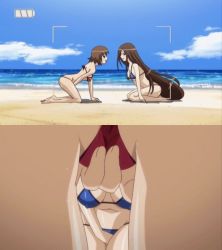 15_bishoujo_hyouryuuki 2girls animated animated_gif barefoot battery_indicator beach bikini blue_bikini breasts brown_hair close-up covered_erect_nipples crotch_rub fingering large_breasts long_hair masturbation medium_breasts multiple_girls navel ocean red_bikini satake_hikari satake_kageko short_hair siblings sisters sky split_screen string_bikini swimsuit underboob very_long_hair