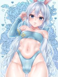 1boy androgynous animal_ears arm_behind_back bandeau blue_background blue_bandeau blue_bow blue_eyes blue_sleeves bow bulge collarbone commentary_request covered_penis cowboy_shot detached_sleeves dragon_quest dragon_quest_x from_below gluteal_fold hair_bow hero_(dq10) highres kuro11_222 linea_alba long_hair looking_at_viewer looking_down low_ponytail male_focus midriff navel ponytail rabbit_boy rabbit_ears skindentation solo sweatdrop thong trap tucking_hair white_hair