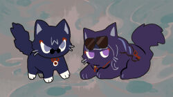 animalization black-framed_eyewear black_cat blunt_bangs cat eyeliner eyeshadow eyewear_on_head genshin_impact grey_eyes hair_tie highres long_hair looking_at_viewer low-braided_long_hair low-tied_long_hair makeup momogourami mother_and_son no_humans purple_cat purple_eyes raiden_shogun red_eyeliner red_eyeshadow scaramouche_(cat)_(genshin_impact) scaramouche_(genshin_impact) single_sidelock string sunglasses swept_bangs whiskers