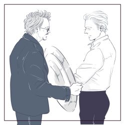 Rule 34 | 2boys, avengers: endgame, avengers (series), closed eyes, closed mouth, collared shirt, cowboy shot, facial hair, formal clothes, greyscale, highres, holding, holding shield, jacket, lapels, long sleeves, male focus, marvel, marvel cinematic universe, monochrome, multiple boys, my 3rd, outside border, pants, shield, shirt, short hair, simple background, smile, standing, steve rogers, suit, suit jacket, sunglasses, tony stark