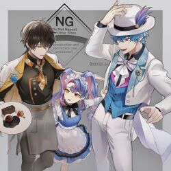 02110623_shhh 1girl 2boys apron belt black_belt black_bow black_bowtie black_hair black_shirt blue_dress blue_hair blue_shirt bow bowtie brant_(wuthering_waves) commentary_request dessert dress fedora food grey_pants hat hat_feather heterochromia highres jacket jacket_on_shoulders long_sleeves looking_at_another male_rover_(wuthering_waves) multiple_boys official_alternate_costume pants pink_eyes purple_eyes roccia_(wuthering_waves) rover_(wuthering_waves) shirt short_hair smile symbol-shaped_pupils waist_apron white_bow white_bowtie white_hat white_jacket white_pants wuthering_waves x-shaped_pupils yellow_eyes