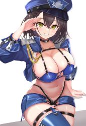 1girl absurdres ana_(vvvvor) arm_up azur_lane baltimore_(azur_lane) baltimore_(finish_line_flagbearer)_(azur_lane) bikini black_bikini blue_bikini blue_hat blue_jacket braid breasts brown_hair choker cleavage cropped_jacket french_braid gloves green_eyes grin hair_between_eyes hat highleg highleg_bikini highres jacket large_breasts looking_at_viewer mismatched_bikini navel official_alternate_costume open_clothes open_jacket peaked_cap race_queen short_hair simple_background single_thighhigh sitting smile solo stomach sweat swimsuit teeth thigh_gap thigh_strap thighhighs white_background
