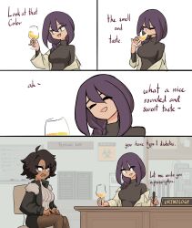 2girls absurdres black_hair black_jacket black_skirt black_sweater borrowed_character braid braided_ponytail brown_hair centurii-chan commentary cup drinking_glass drinking_pee english_commentary fur-trimmed_jacket fur_trim grey_sweater highres holding holding_cup holding_pen jacket multiple_girls off_shoulder open_clothes open_jacket open_mouth original pee pen ribbed_sweater side_braid single_braid sitting skirt sweater table turtleneck turtleneck_sweater