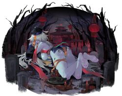 1girl absurdres ass barefoot breasts colored_skin feet graveyard grey_skin highres jiangshi large_breasts long_hair looking_at_viewer nils_(artist) soles toes tongue tongue_out white_hair yellow_eyes