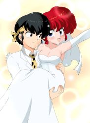 1boy 1girl black_hair blue_eyes breasts brown_eyes carrying cleavage couple dmayaichi dress elbow_gloves formal_clothes gender_request genderswap gloves headband hibiki_ryouga highres husband_and_wife marriage medium_breasts ranma-chan ranma_1/2 red_hair saotome_ranma simple_background sleeveless sleeveless_dress suit veil wedding wedding_dress white_suit