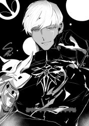 1boy armor earrings fate/grand_order fate_(series) greyscale highres indra_(fate) jewelry lightning_bolt_facial_mark looking_at_viewer male_focus monochrome pauldrons shirt short_hair shoulder_armor single_pauldron sirron0012 smile solo