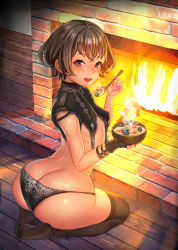 1girl ass black_eyes black_panties black_thighhighs breasts brown_hair butt_crack feet female_focus food highres holding holding_food huge_ass ono_itaru original panties short_hair sitting skindentation small_breasts solo soup spoon thighhighs underwear wooden_floor