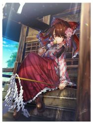 Rule 34 | 1girl, brown eyes, brown hair, closed mouth, dango, eating, food, hair ornament, hair tubes, hakurei reimu, looking at viewer, narita imomushi, sanshoku dango, shrine, sitting, solo, touhou, wagashi