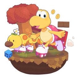 coin floating_island koopa_troopa mario_(series) mofupoyo nintendo open_mouth racing_wiggler rolla_koopa roller_skates simple_background skates super_mario_bros._wonder tree white_background wiggler